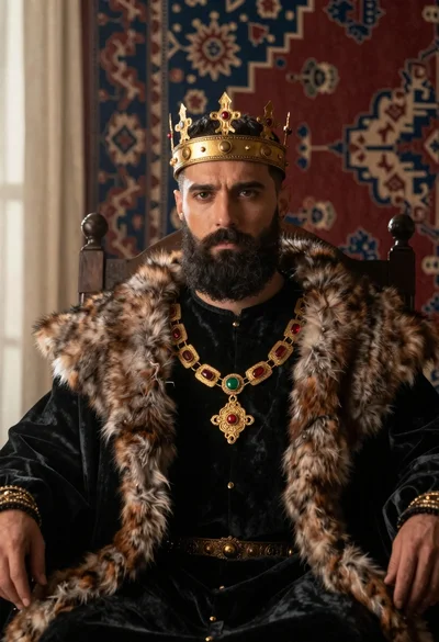 Solemn man with dark beard wearing ornate golden crown and heavy jewelry
