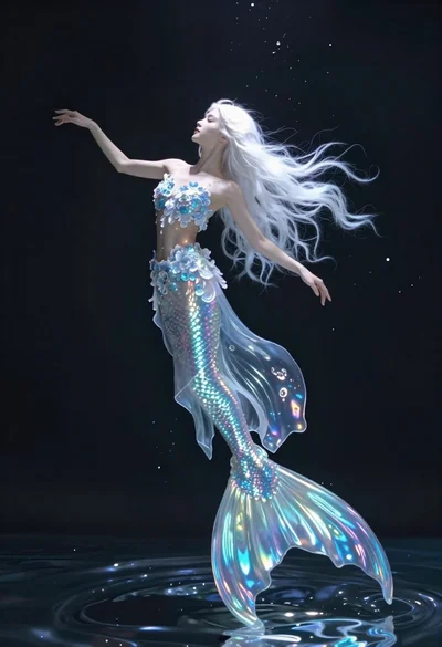 Mermaid in blue lace gown against dark background