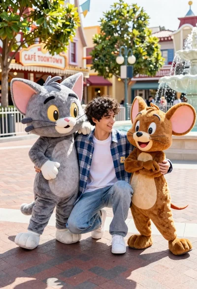 Young man crouching between two cartoon mascots in a sunny brick plaza