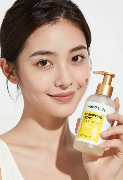 Medium close up portrait of woman holding face wash bottle in white