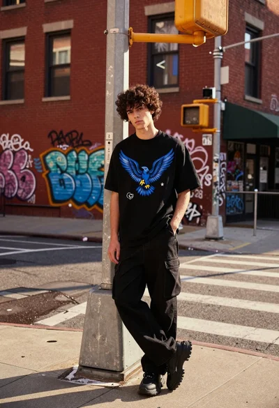Young man leaning against utility pole in graffiti covered urban street