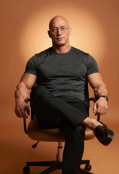 Muscular bald man with glasses sits confidently on modern chair against warm