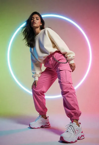 Woman in pink cargo pants and cream sweatshirt against glowing neon backdrop