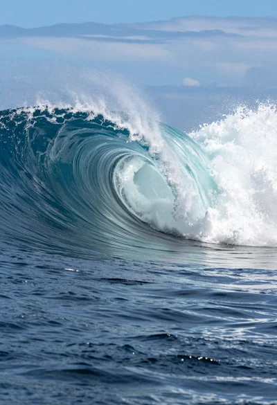 Hyperrealistic view of massive ocean wave forming a perfect barrel at sea