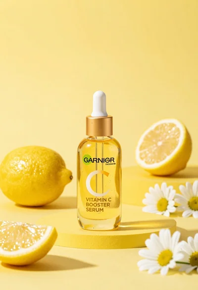 Studio product shot of vitamin c serum bottle with lemons and daisies