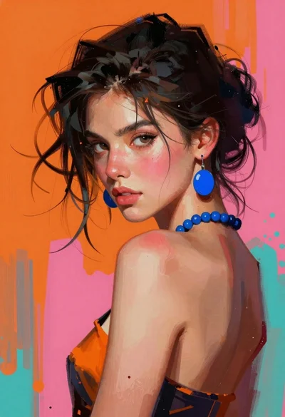 Woman looking over shoulder against abstract orange and pink background