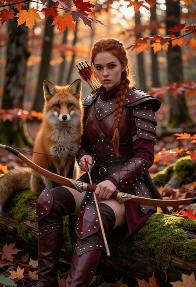 Woman in burgundy armor with red fox on mossy log in autumn