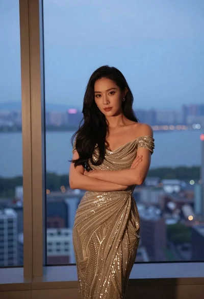 Woman in gold gown standing before city window at dusk