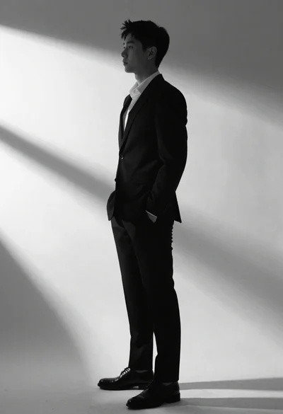 Black and white portrait of man in suit with dramatic shadows