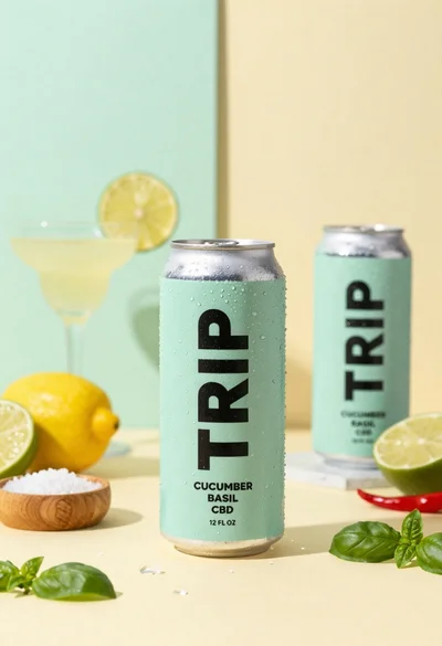 Frosty can of trip cucumber basil cbd in minimalist studio setting