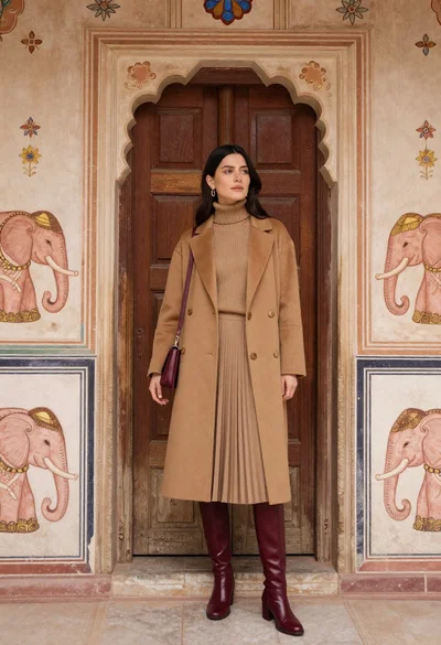 Woman in camel coat and burgundy boots leaning against ornate wooden door