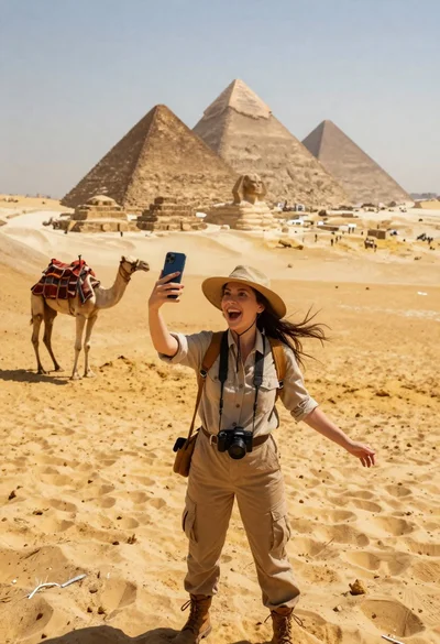Awestruck woman taking selfie with pyramids of giza and sphinx
