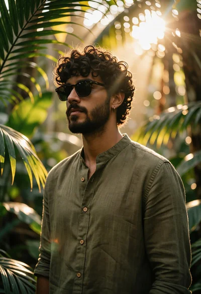 Young man in olive shirt standing in sundappled tropical jungle setting