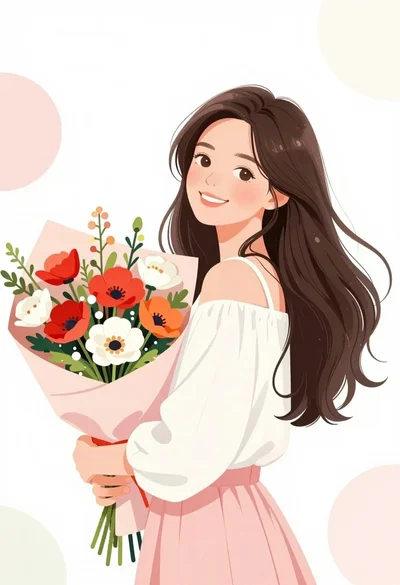 Young woman with dark hair smiling holding flowers in minimalist white space