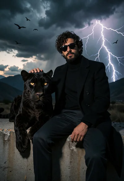Man in black coat resting hand on panther near stormy mountains