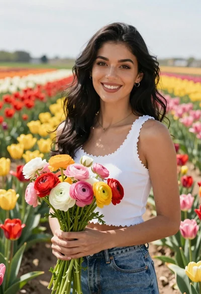 Young woman in white tank top holding colorful flowers in a field