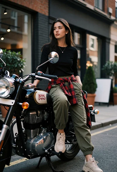 Young woman sitting on a black motorcycle on an urban street setting