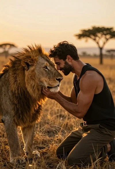 Man nuzzling lion in golden savanna at sunset