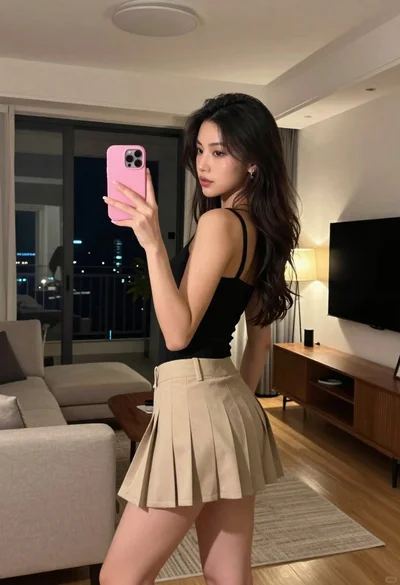 Young woman taking a mirror selfie in modern apartment living room