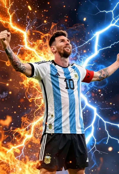 Young soccer player in argentina jersey against cosmic fire and lightning