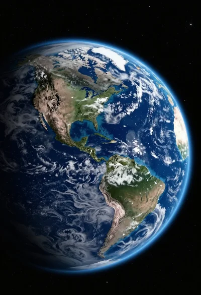 Photorealistic view of earth from space showing oceans continents and atmosphere