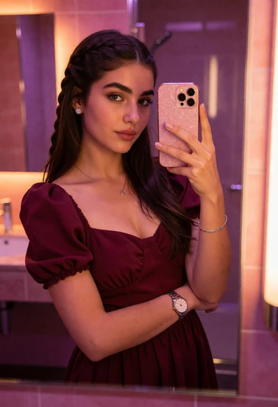 Young woman taking mirror selfie in bathroom with pink and purple light