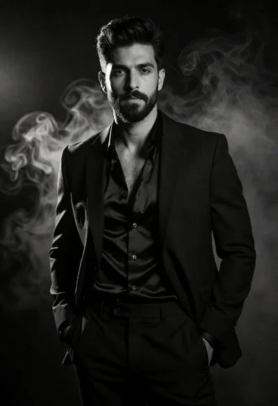 Portrait of a man in a black suit jacket amidst smoky studio