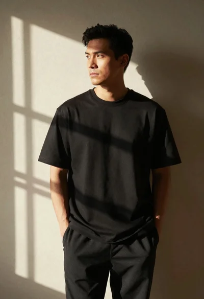 Man in black tshirt against dappled sunlight wall