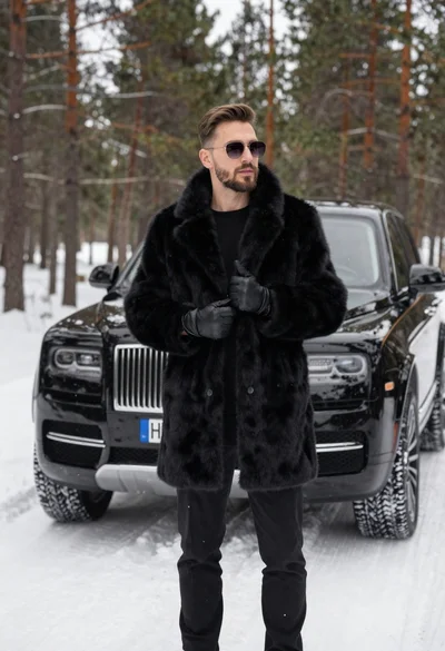 Stylish man in black fur coat standing by luxury suv in snowy