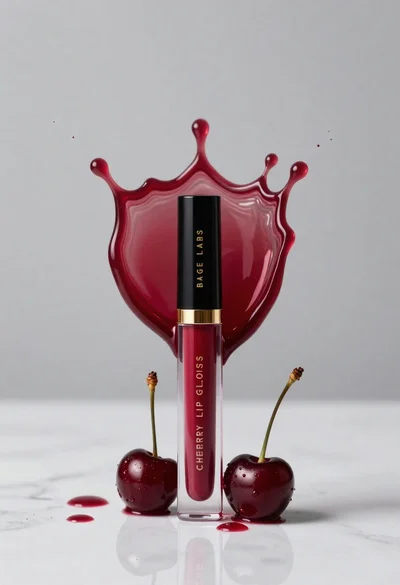 Cherry lip gloss tube on white marble with red liquid splash crown