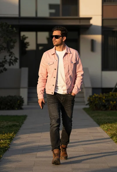 Man walking confidently on path near modern building at golden hour