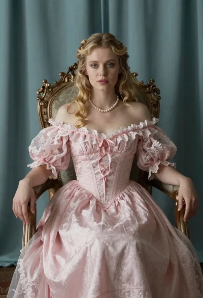 Portrait of blonde woman on ornate throne with pink gown