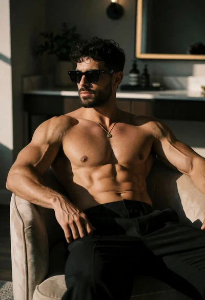 Muscular man in black trousers seated on beige armchair with dramatic lighting