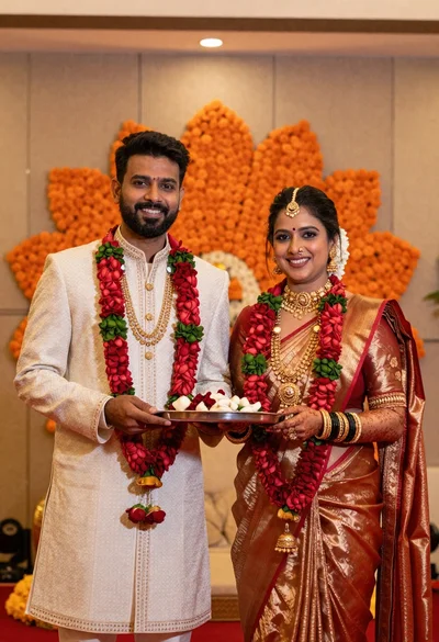 Smiling couple in traditional indian wedding attire holding a ceremonial tray