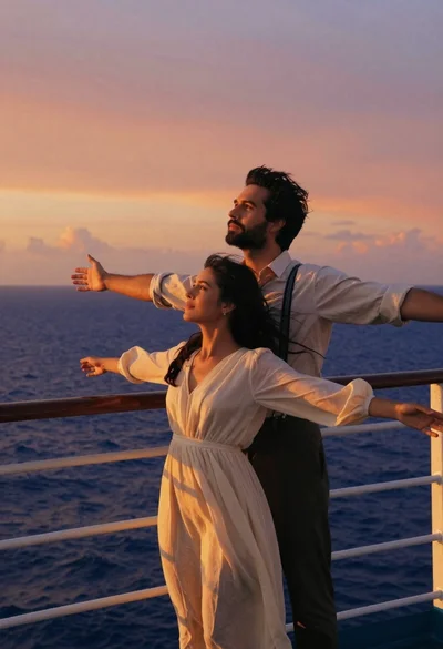 Romantic couple on ship deck against dramatic orange sunset over ocean