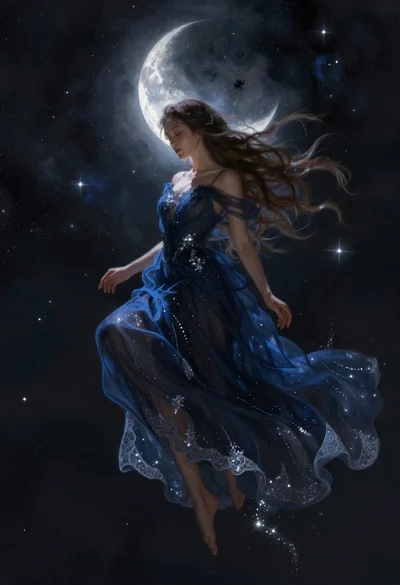 Woman in dark blue gown floating in starfilled cosmos