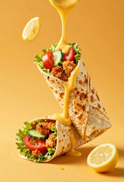 Two golden shawarma wraps with chicken and cheese sauce