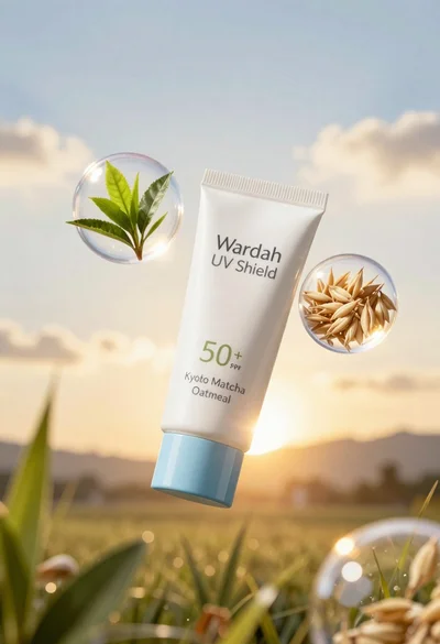 Wardah uv shield sunscreen tube floating with green tea leaves and oat
