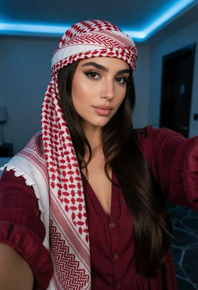 Close up selfie portrait of woman in keffiyeh against blue modern interior