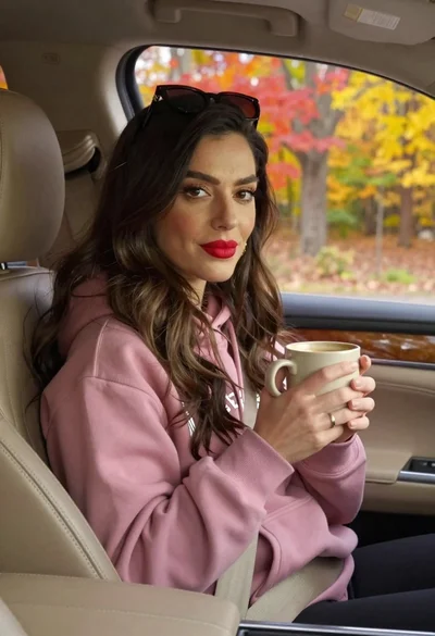 Woman in pink hoodie holding coffee cup inside car with autumn forest