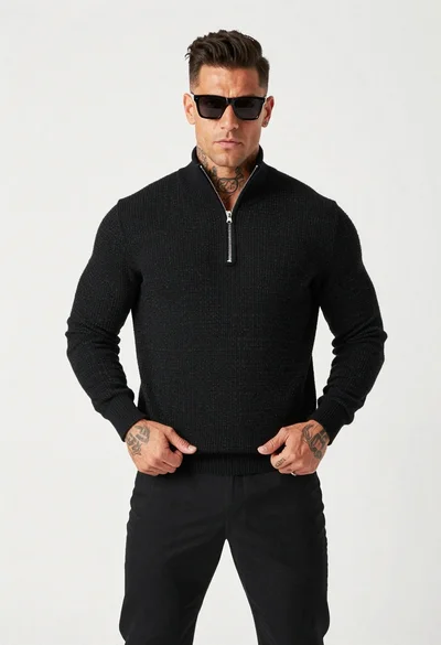 Muscular man with dark hair and sunglasses in black sweater posing