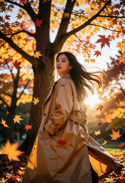 Woman in tan trench coat looking back through autumn forest sunlight
