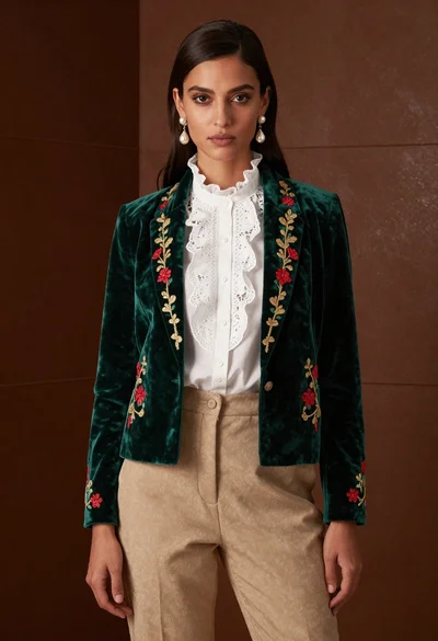 Woman in emerald jacket against deep brown backdrop