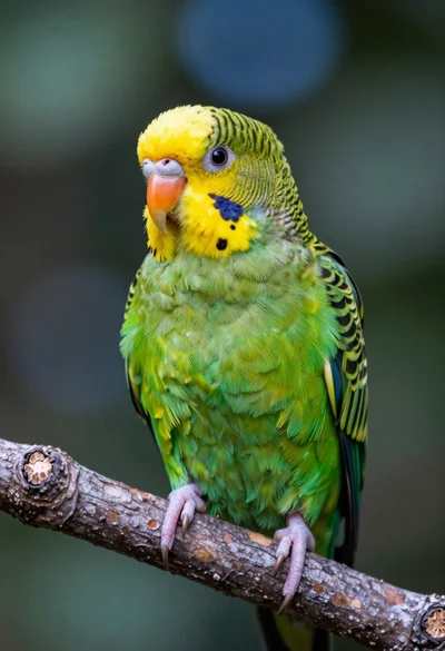 Close up portrait of vibrant green parrot on textured tree branch in