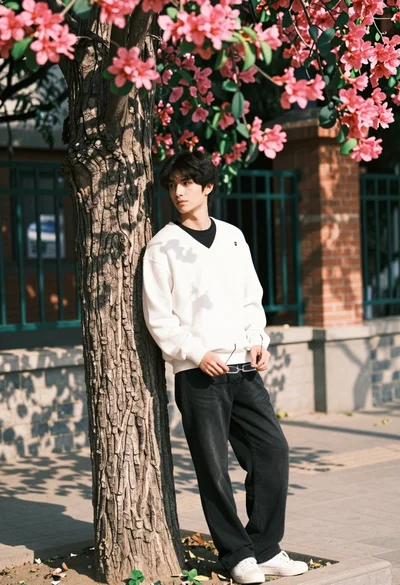 Young man leaning against tree trunk near brick building with pink flowers