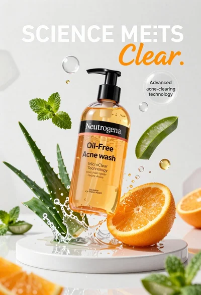 Neutrogena acne wash bottle suspended in midair with splashing liquid