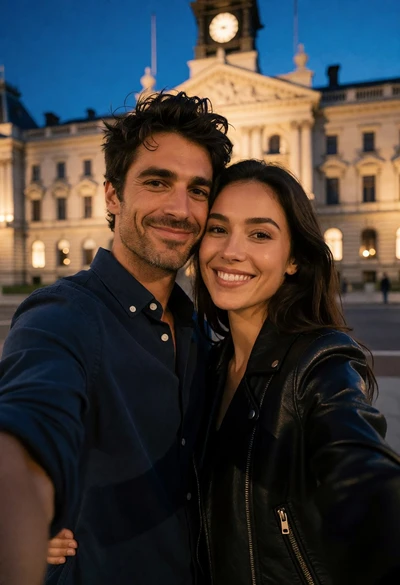 Couple taking a selfie near illuminated classical building at dusk