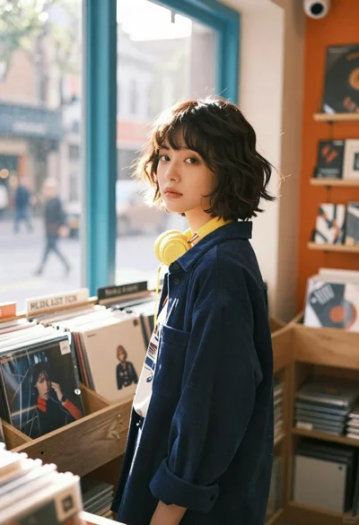 Young woman with bob haircut stands in profile near a large window