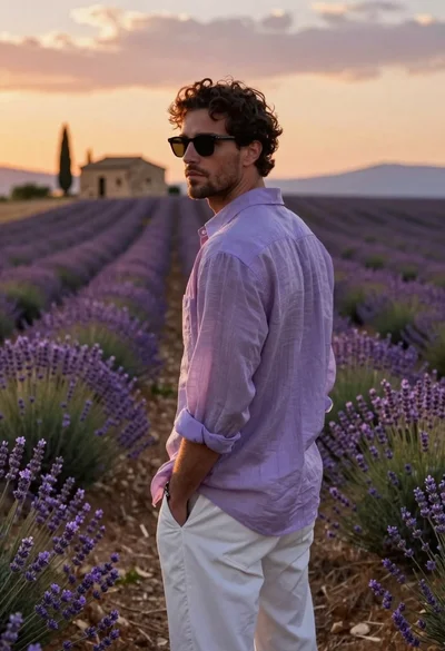 Young man in purple shirt stands in lavender field at sunset looking