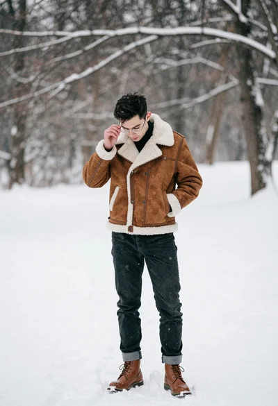 Man in brown shearling jacket standing in snowy landscape adjusting glasses